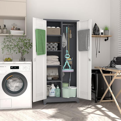 Metal Storage Cabinet,Broom Closet Storage Cabinet with Adjustable Shelves,Tall Utility Cabinet with Pegboard,Locking Storage Cabinets for Garage,Laundry,Basement,Grey-White