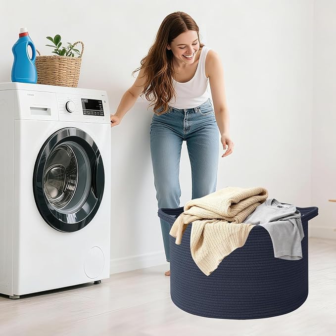 90L Extra Large Blanket Basket,Woven Rope Laundry Basket Hamper with Handles, Decorative Nursery Basket Storage Bin for Toys, Clothes Organizer, Living Room, Bedroom, Bathroom, Dark Blue