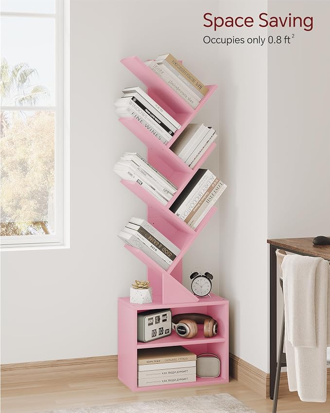 SUNMORY 6 Tier Tree Bookshelf, Small Bookcase with Storage Cabinet, Modern Tall Narrow Bookshelves Organizer, Floor Standing Book Shelf for Bedroom/Living Room/Home Office/Corner, Pink