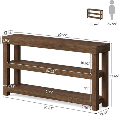 Solid Wood Entry Console Table, 63-Inch Narrow Sofa Table Behind The Couch, Entryway Furniture with Storage Shelves for Hallway Foyer Living Room, Dark Brown