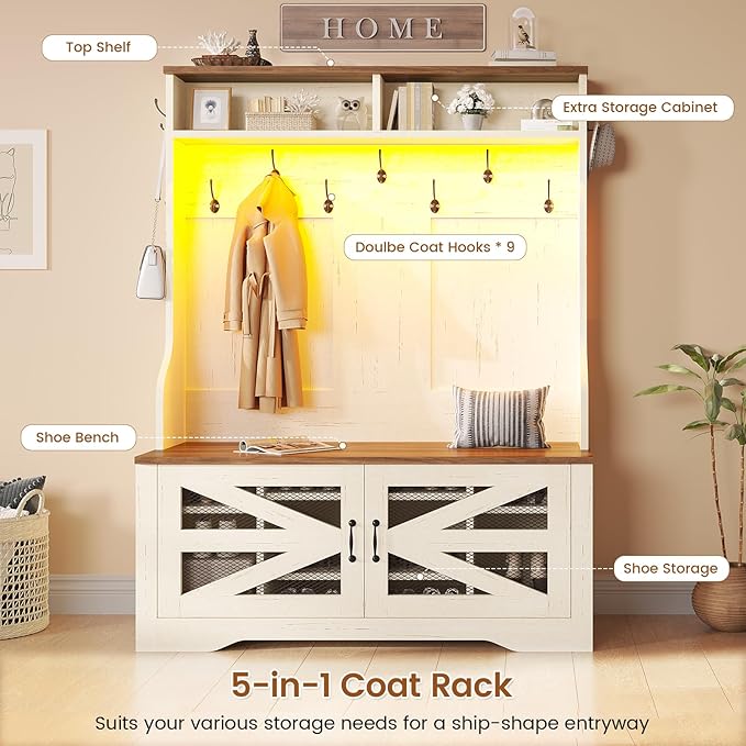 Itaar Hall Tree with Bench and Shoe Storage, 5-in-1 Entryway Bench with Coat Rack, 10 Shoe Cubbies & 9 Coat Hooks, Barn Door & Adjustable Shelf (White)