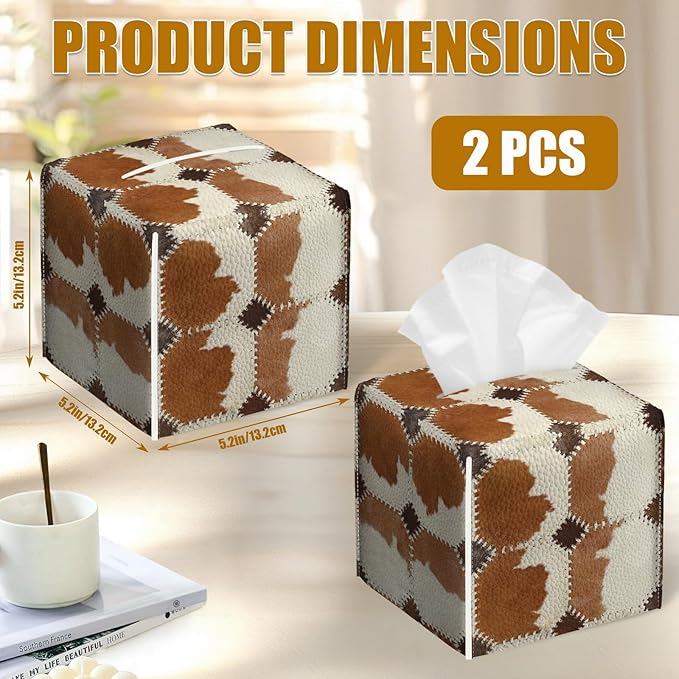 Brown Cowhide Tissue Box Cover 2PCS, Cow Skin Leather Tissue Box Holder Square Facial Paper Case Tissue Box Cube Organizer for Bathroom Bedroom Desk Office