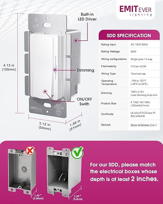 Dimmer Light Switch & 24V 60W Dimmable LED Driver 2 in 1, 2PK Single-Pole or 3-Way Slide Dimmer Switches for Led Strip Lights,120VAC to 24VDC Power Supply for Low Voltage Project, UL Listed