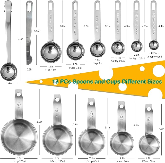 Measuring Cups and Spoons Set of 13, Stainless Steel 5 Nesting Measure Cups Set & 6 Measuring Spoons Set & 1 Leveler +1 Spoon Clip - Kitchen Baking Tools for Cooking.