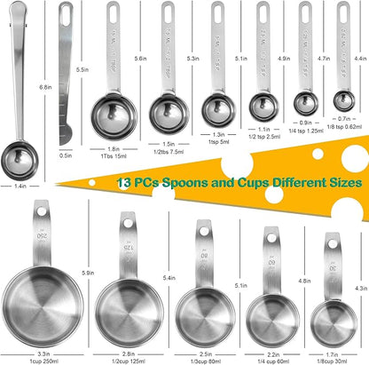 Measuring Cups and Spoons Set of 13, Stainless Steel 5 Nesting Measure Cups Set & 6 Measuring Spoons Set & 1 Leveler +1 Spoon Clip - Kitchen Baking Tools for Cooking.