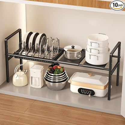 Mustorn Pots and Pans Organizer Under Cabinet, Expandable 1 Tier Under Sink Organizers and Storage Adjustable Height Kitchen Pot and Pan Lid Holder Rack with 6 Dividers Under Cabinet Shelf(Black)