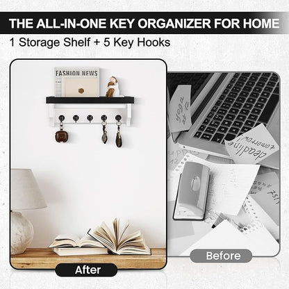 Key and Mail Holder Wall Mount, Key Holder with Shelf and Mail Organizer Wall Mount. Mail Holder with 5 Hooks for Coat, Dog Leash, Home Decor Rack, Entry Way Organizer (Black & White)