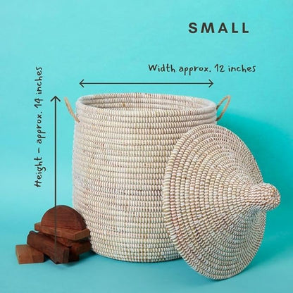 Wicker Basket, Storage & Organization, Home Decor, Laundry Hamper Bedroom, Baby Nursery Toys Bin, Blankets Storage Living Room, Bathroom Towels Holder, Woven, Round, Lid, Handles, White, Small