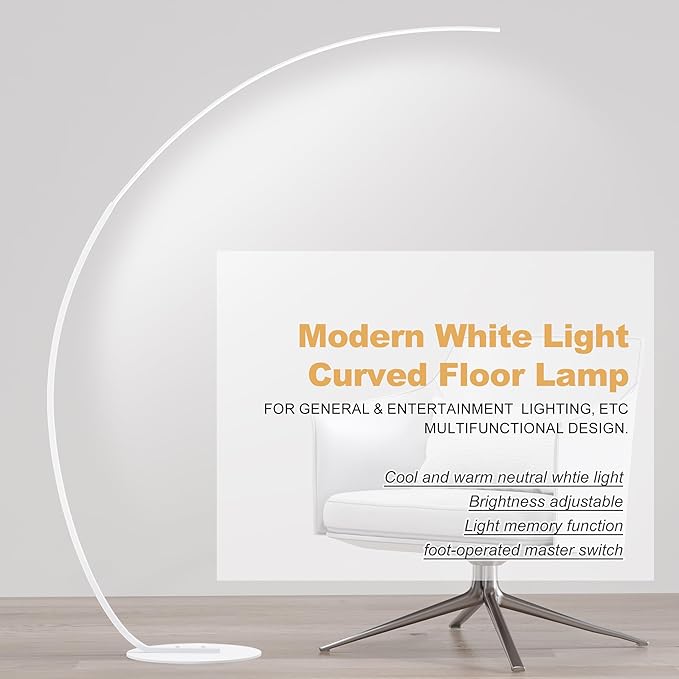 Adjustable White Light Modern 69.99 inch Arched Standing Reading Floor Lamp with Remote - Dimmable White Led Curved Light for Bedroom and Reading Room