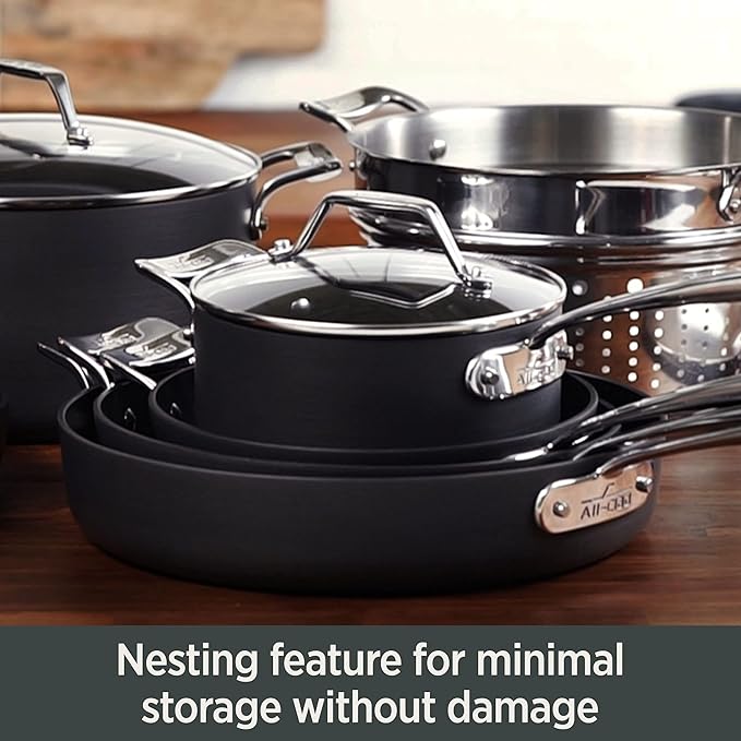 All-Clad Essentials Hard Anodized Nonstick Fry & Sauce Pan Set 8.5 Inch , 2.5 Quart Oven Broiler Safe 500F Pots and Pans, Cookware Black