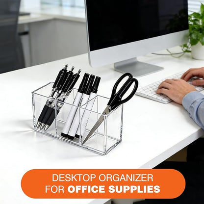 Acrylic Pen Holder for Desk, Plastic Pencil Holder for Desk, Small Desk Organizer for Home, Office, Classroom, Bathroom, Makeup Brush Organizer, Teacher Accessories(Clear)