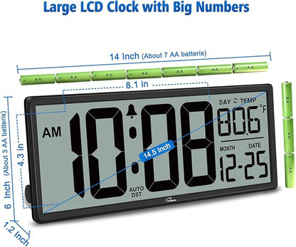WallarGe 14.5'' Large Digital Wall Clock Battery Operated with Jumbo Numbers, Temperature and Date - Easy to Read and Set, Auto DST