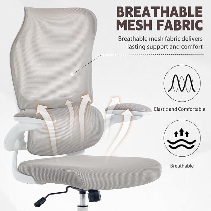 Ergonomic Office Chair, High Back Breathable Mesh Computer Desk Chair with Adjustable Lumbar Support and Flip-Up Armrests, 300LB Capacity Executive Swivel Task Gaming Seat for Home and Office (White)