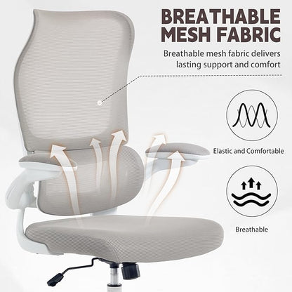 Ergonomic Office Chair, High Back Breathable Mesh Computer Desk Chair with Adjustable Lumbar Support and Flip-Up Armrests, 300LB Capacity Executive Swivel Task Gaming Seat for Home and Office (White)