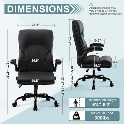 Executive Office Chair,High Back Ergonomic Comfy Desk Chair with Padded Flip-up Armrests and Wheels,PU Leather Heavy Duty Computer Swivel Rolling Task Chair for Home Office,Adults,Black