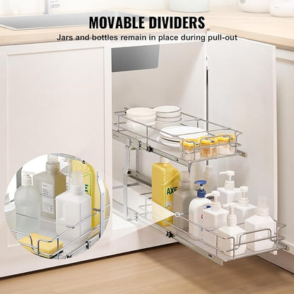 VEVOR Pull Out Cabinet Organizer, 12"W x 21"Dx15.2"H Heavy Duty Slide Out Pantry Shelves, Chrome-Plated Steel Roll Out Drawers for Home,13.5"Wx22"Dx19"H Inside Kitchen Cabinet, Bathroom, Under Sink