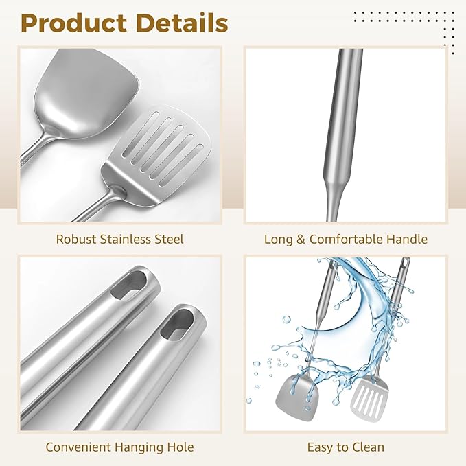 9 PCS Stainless Steel Cooking Utensils, Kitchen Serving Utensil with Long Handle & Hanging Hole, Skimmer, Ladle, Spatula, Slotted Spoon, Pasta Server, Meat Fork, Dishwasher Safe