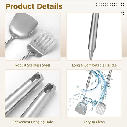 9 PCS Stainless Steel Cooking Utensils, Kitchen Serving Utensil with Long Handle & Hanging Hole, Skimmer, Ladle, Spatula, Slotted Spoon, Pasta Server, Meat Fork, Dishwasher Safe