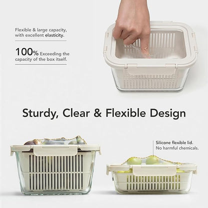 GENICOOK Glass Produce Storage Containers for Fridge, 2-Pack – Airtight Fruit & Vegetable Containers with Removable Colanders, Flexible Silicone Lids,LeakProof, BPA-Free Borosilicate Glass