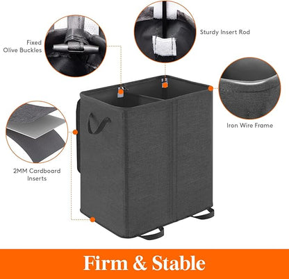 Lifewit Double Laundry Hamper with Lid and Removable Laundry Bags, Large Collapsible 2 Dividers Dirty Clothes Basket with Handles for Bedroom, Laundry Room, Closet, Bathroom, College, 155L Black