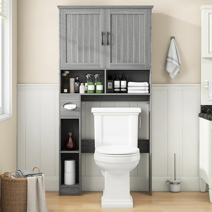 Over The Toilet Storage Cabinet, Farmhouse Storage Cabinet Over Toilet with Barn Door& Toilet Paper Holder Stand，Home Space-Saving Toilet Rack, for Bathroom, Restroom, Laundry.Wash Gray