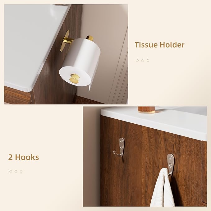 VNN 32 Inch Bathroom Vanity with Ceramic Sink - Freestanding Modern Bathroom Storage Vanity Cabinet with Fluted Design, Soft-Close Doors, Shelves, Toilet Paper Holder & Towel Hooks, Walnut