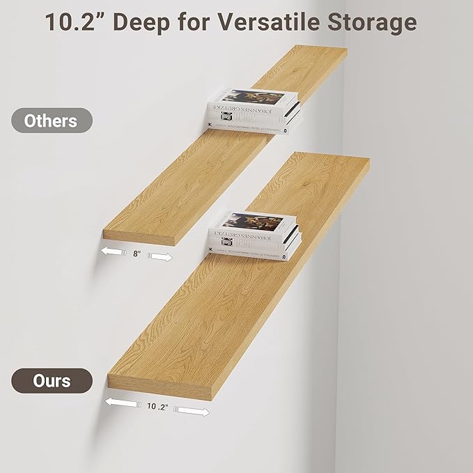 Vivelove 10" Deep Floating Shelves with Invisible Brackets, 55" Wall Shelves for Bathroom Bedroom Kitchen Living Room Laundry Room, Modern Rustic Shelves for Home Decor, 55"x10.2"x1.5", Set of 2, Oak