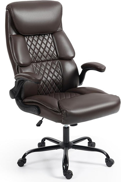 Office Chair - Ergonomic High Back Computer Desk Chair with Rocking Function & Lumbar Support - Executive Comfortable Wide Swivel Rolling Office Leather Chair with Flip-up Armrests for Home Gaming
