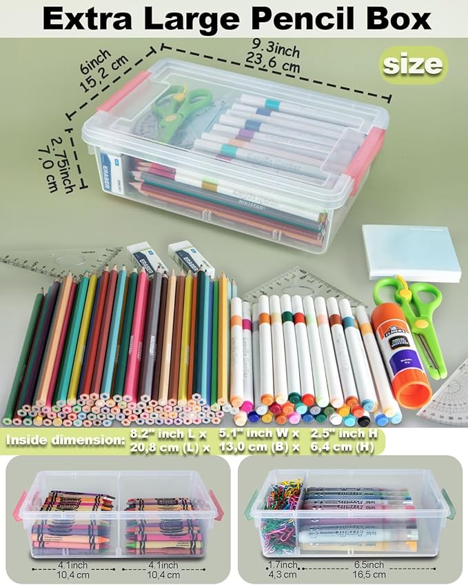 GEOPHIA 12 Pack Extra Large Pencil Box with Removable Divider, Thickened Pencil Case Bulk, Clear Crayon Marker Organizer Stackable Plastic Small Storage Containers for Pen Craft School Supplies, Multi