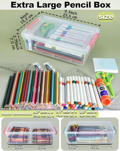 GEOPHIA 6 Pack Extra Large Pencil Box with Removable Divider, Thickened Pencil Case Bulk, Clear Crayon Marker Organizer Stackable Plastic Small Storage Containers for Pen Craft School Supplies (Multi)