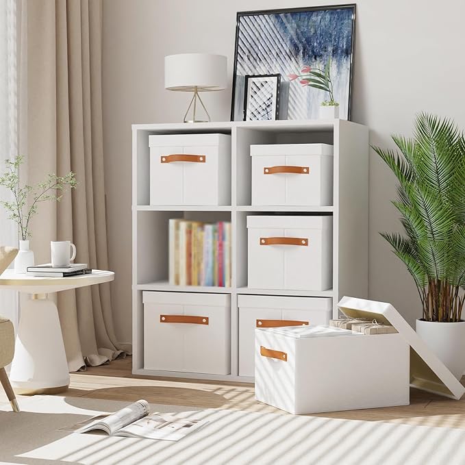 YheenLf 1 Pack Storage Box with Lid, Storage Basket for Shelves with Handles, Fabric Closet Organizer, White, 16.5 x 11.8 x 10.2 Inch