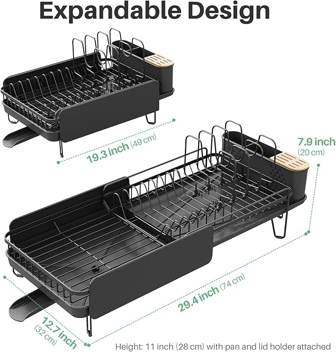 SNTD Large Dish Drying Rack - Expandable (19.3" to 29.4") Dish Rack for Kitchen Counter, Stainless Steel Dish Drainer with Utensil Holder, Pan Holder & Pot Lid Holder (Black)