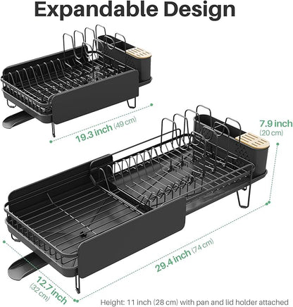 SNTD Large Dish Drying Rack - Expandable (19.3" to 29.4") Dish Rack for Kitchen Counter, Stainless Steel Dish Drainer with Utensil Holder, Pan Holder & Pot Lid Holder (Black)