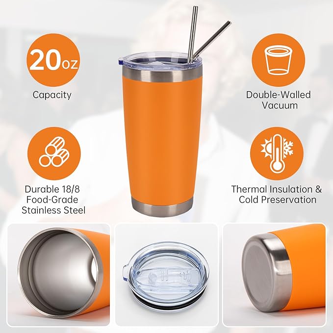 IEOVIEE 32 Pack, 20oz Stainless Steel Bulk Tumblers with Lids and Straws, Double Wall Insulated Travel Coffee Mug, Durable Powder Coated Tumbler Bulk Cup for Cold and Hot Drinks(Orange)
