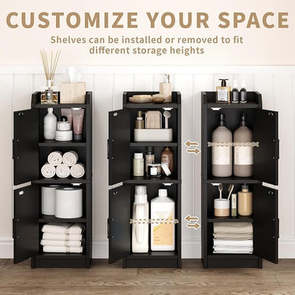 Narrow Bathroom Storage Cabinet with 2 Doors and Shelves, 9.8" W Small Storage Cabinet for Toilet Paper Storage, Slim Cabinet for Small Spaces, Bathroom, Kitchen, 9.8" W × 7.9" D × 29.5" H, Black