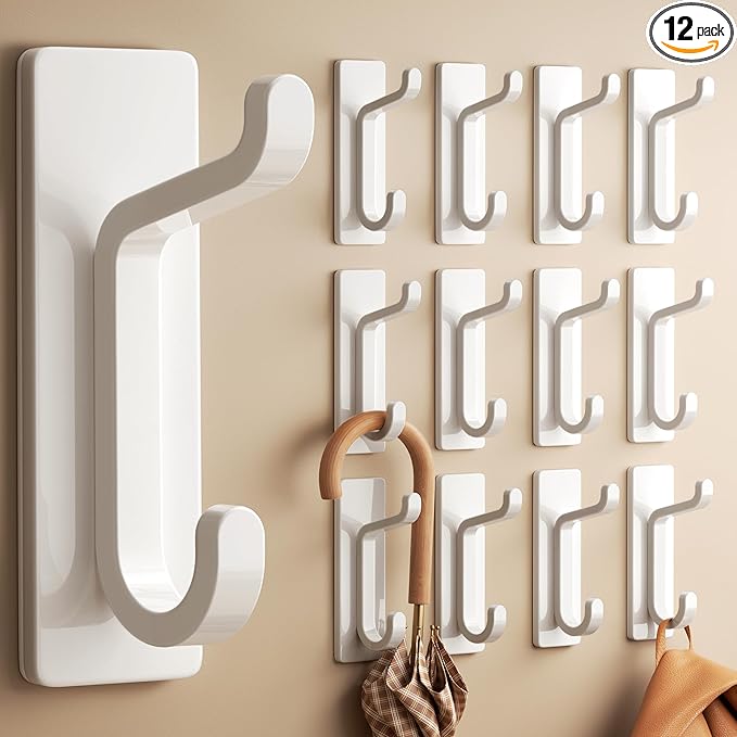 pickpiff 12 Pack Wall Hooks for Coat and Towel: 13LB Strong Adhesive Door Hanger Stick on, White