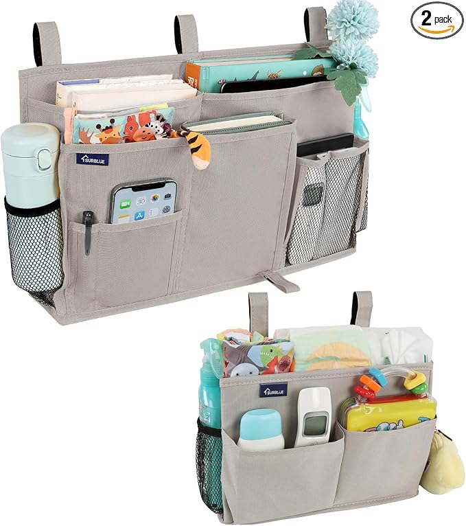 Surblue Bedside Caddy Bunk Bed Storage Organizer Hanging Pockets for College Dorm Rooms, Hospital Beds, Baby Bed Rails, Camping, RV, Small and Large Set, Grey