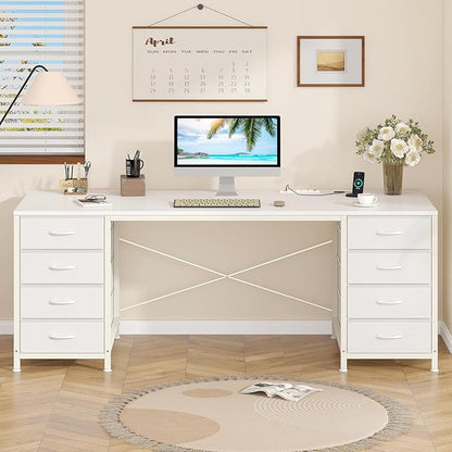60 Inch Computer Desk with 8 Drawers, Home Office Desk with Power Outlets, Work Study Gaming Desk with 8 Fabric Drawers