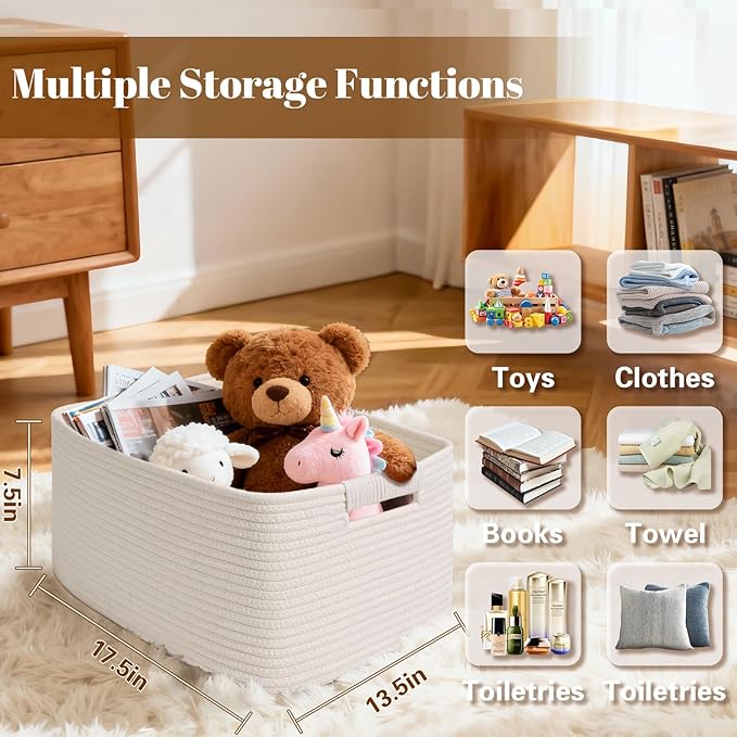 4 Pack Large Storage Basket for Organizing, 17.5"x13.5"x7.5" Woven Basket for Shelves, Closet Cube Storage Bins with Wrapped Handle, Cotton Rope Baskets for Kitchen, Clothes, Toys(Off White)