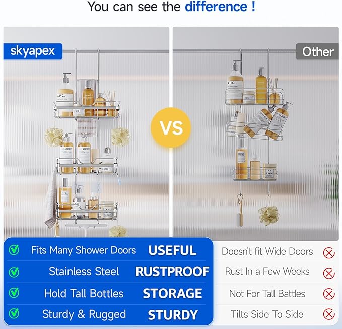 Shower Caddy Over the Door Organizer: Bath Rack Hanging Over Glass with Hooks - Storage Shelf Inside Bathroom for Shampoo - Sliver