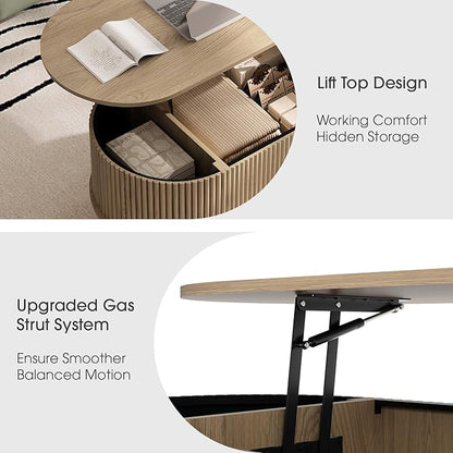 SULIVES Oval Coffee Table with Storage, Multifunctional Coffee Table with Lifting Top, Small Fluted Center Table for Living Room, Oak
