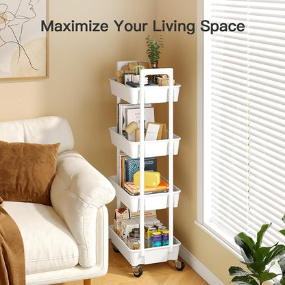 Pipishell 4 Tier Rolling Cart Organizer, Plastic Rolling Cart with Lockable Wheels & Reinforced Handle, Lightweight Utility Storage Cart for Nursery, Kitchen, Craft Room, White