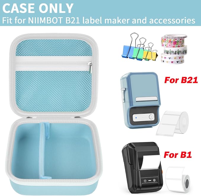 ALKOO Case Compatible with NIIMBOT B21 / B1 Label Maker Wireless Thermal Label Printer, Holder for Inkless Label Maker & Labeling Tapes Refills, with Mesh Pocket for Cable Accessories (Blue)