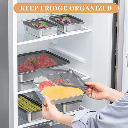 Hushee 6 Pack Bacon Cheese Container for Refrigerator, 304 Stainless Steel Airtight Deli Meat Container, Dishwasher Safe Fridge Storage Fruit Lunch Storage with Lids for Fridge, 4 Sizes