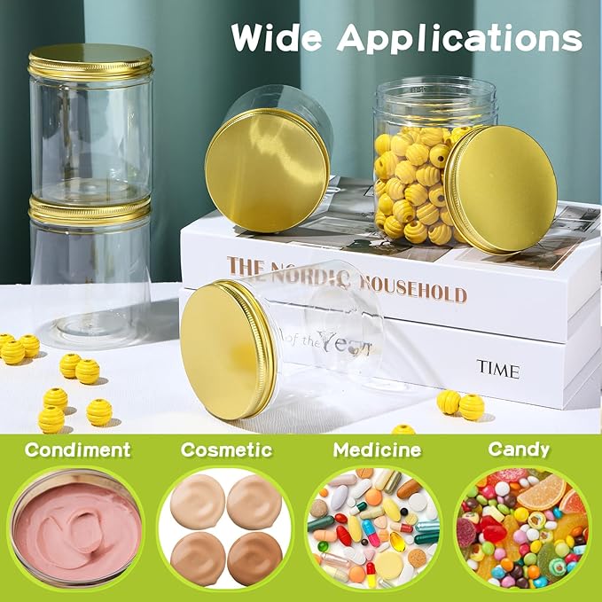 Irenare 24 Pcs 16 oz Plastic Jars with Lids Clear Plastic Containers Wide Mouth Food Mason Jars Airtight Storage Containers for Cake, Dried Fruit, Honey, Nuts, Carft, Scrub Cream(Golden Lids)
