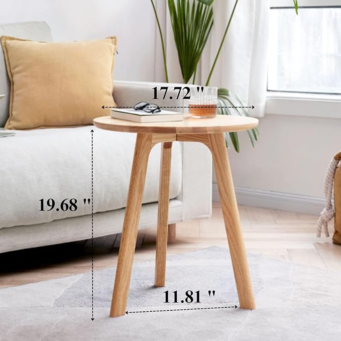 100% Solid Oak Small Side Table - Easy Assembly Round End Table with 3 Legs Pillars for Living Room, Bedroom, or Balcony - Mid Century Modern Nightstand for Small Spaces (Natural, 2)