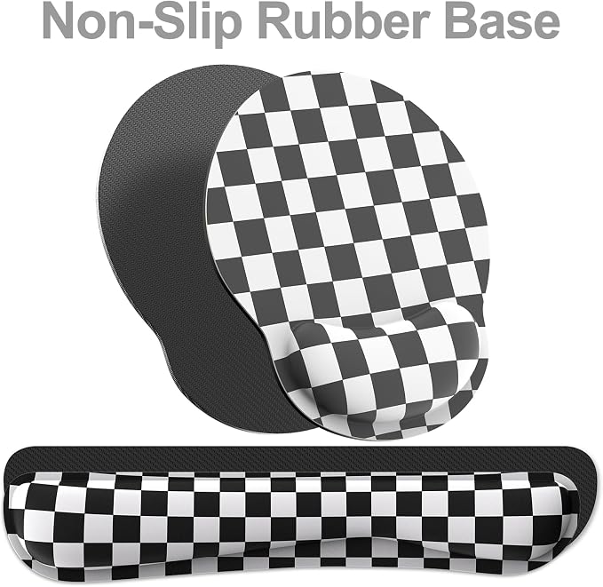Ergonomic Mouse Pad with Wrist Rest and Keyboard Wrist Rest, Mousepad and Keyboard Pad, Non-Slip Rubber Base, Pain Relief, Mouse Pad with Wrist Support for Gaming, Computer, Office, Black Checkered