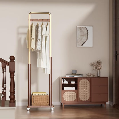 Clothes Rack Solid Wood Coat Rack, Metal and Solid Wood Combination Clothing Rack with Wheels for Entryway, Bedroom, Living Room, Coat Racks Freestanding for Hanging Clothes Garment Scarf