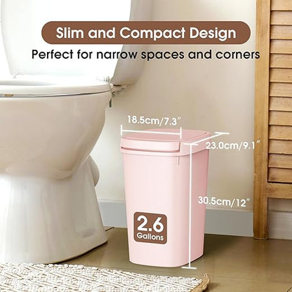 CEROELDA 3 Pack Bathroom Trash Can with Lid, 10L/2.6 Gal Small Garbage Can with Press Top Lid, Slim Plastic Waste Basket for Toilet, Office, Bedroom (Pink)