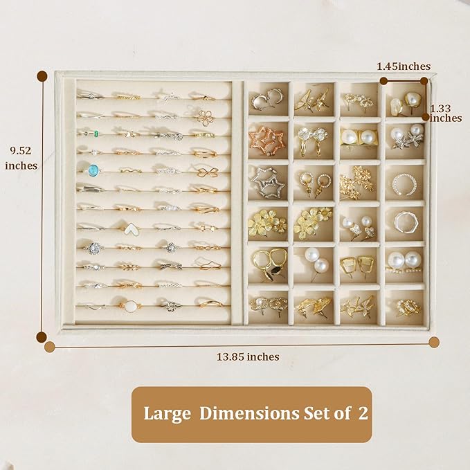 Large Velvet Jewelry Tray 2 Pack Stackable Jewelry Display Drawer Inserts Trays Organizer for Earring Bracelet Necklace Ring (Beige, Ring and 24 Grids)